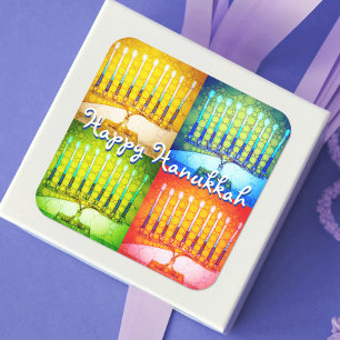 Sticker Carré Joyeux Hanukkah jaune bleu vert rouge 4 menorahs