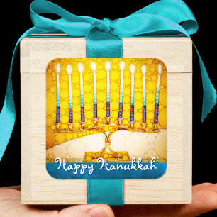 Sticker Carré Joyeux Hanukkah Menorah Jaune Doré Artistique Tend