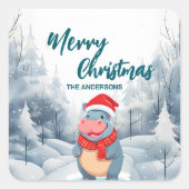 Sticker Carré Joyeux hippo Joyeux sapin neige Fête de vacances (Devant)
