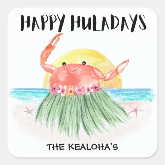 Sticker Carré Joyeux Huladays Crabe Plage Tropicale Noël (Devant)