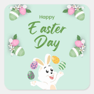 Sticker Carré Joyeux jour de Pâques - Drôle lapin et oeufs Pâque
