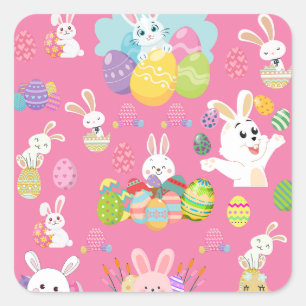 Sticker Carré Joyeux Jour de Pâques - Motif Drôle Lapin Et Oeufs