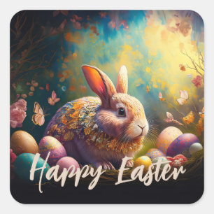 Sticker Carré Joyeux lapin de Pâques avec oeufs de Pâques