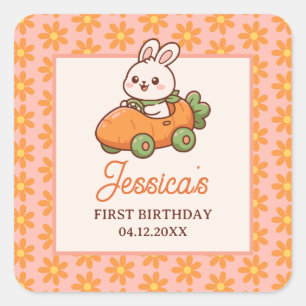 Sticker Carré Joyeux Lapin de Pâques Floral Fête d'anniversaire