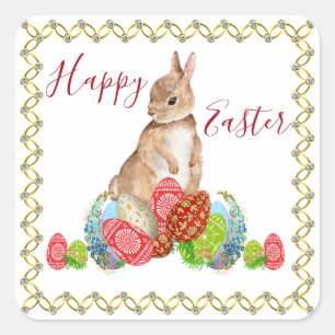 Sticker Carré Joyeux lapin de Pâques Oeufs décoratifs Floral Élé