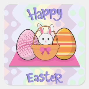 Sticker Carré Joyeux Lapin de Pâques Panier d'Oeufs Mignon de Pâ