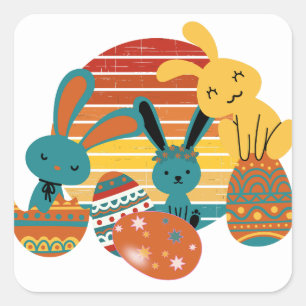 Sticker Carré Joyeux lapin, Oeuf de Pâques, Mignonne
