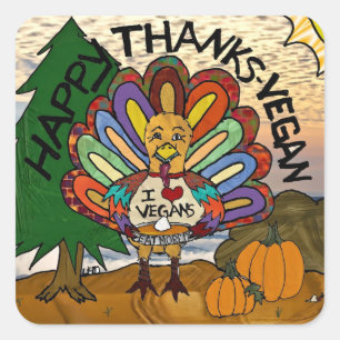 Sticker Carré Joyeux Merci Vegan Thanksgiving Dinde