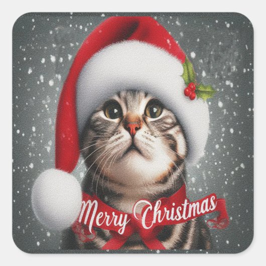 Sticker Carré Joyeux Noël American shorthair Cat, Père Noël Cat (Devant)