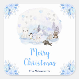 Sticker Carré Joyeux Noël Animaux Arctiques Merveilleux Hiver