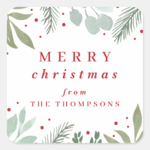 Sticker Carré Joyeux Noël Aquarelle Garland Foliing d'hiver