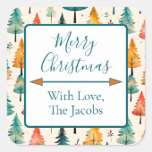 Sticker Carré Joyeux Noël | Aquarelle Pine Arbres Noël (Devant)