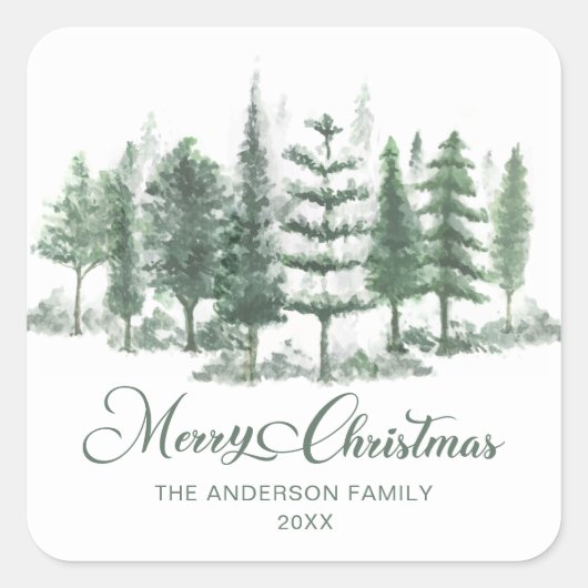 Sticker Carré Joyeux Noël Aquarelle Pine forêt (Devant)