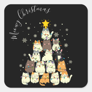 Sticker Carré Joyeux Noël Arbre à Chat