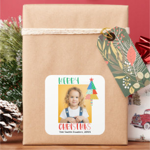 Sticker Carré Joyeux Noël Arbres de Noël Patchwork Modernes