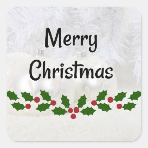 Sticker Carré Joyeux Noël, arrière - plan de baubles blancs,