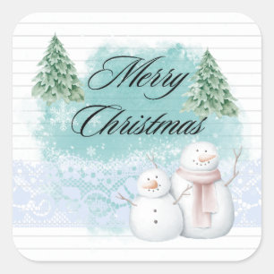 Sticker Carré Joyeux Noël avec Snowman sapin de Noël