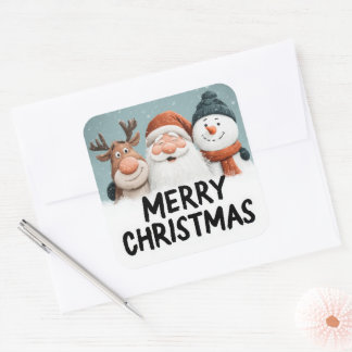Sticker Carré Joyeux Noël avec un Père Noël, un renne et un bonh