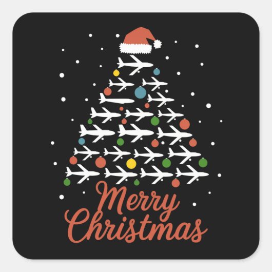 Sticker Carré Joyeux Noël Avion Vacances Arbre (Devant)