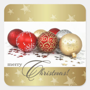 Sticker Carré Joyeux Noël. Baubles en or rouge