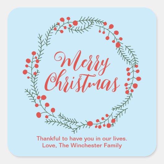 Sticker Carré Joyeux Noël bleu pâle rouge script rustique couron (Devant)