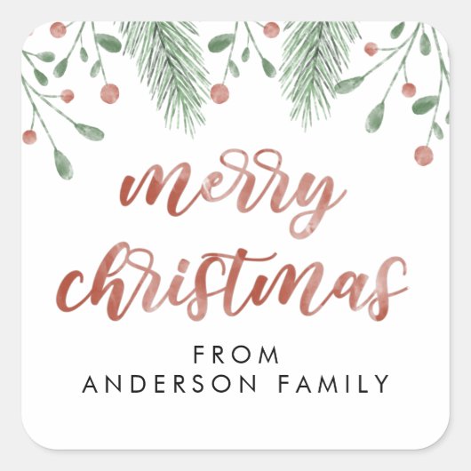Sticker Carré Joyeux Noël Calligraphie Cerise Botanique (Devant)
