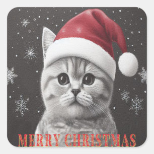 Sticker Carré Joyeux Noël Chat à air court britannique, Père Noë