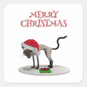 Sticker Carré Joyeux Noël. Chat avec chapeau de Père Noël