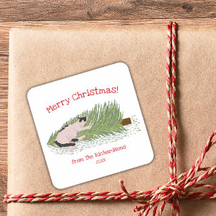 Sticker Carré Joyeux Noël ! Chat contre sapin de Noël des Fêtes