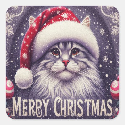Sticker Carré Joyeux Noël Chat Sibérien, Noël Père Noël Kitten (Devant)