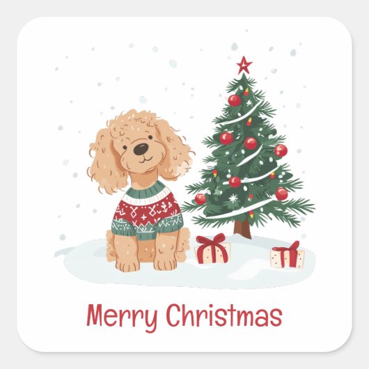 Sticker Carré Joyeux Noël Chien Goldendoodle (Devant)