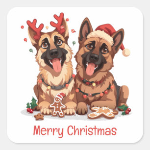 Sticker Carré Joyeux Noël Chiens bergers allemands