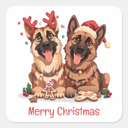 Sticker Carré Joyeux Noël Chiens bergers allemands (Devant)