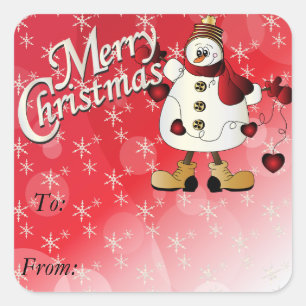 Sticker Carré Joyeux Noël Coeur Rouge Snowman