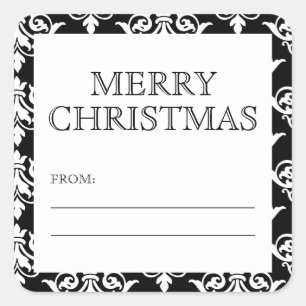 Sticker Carré Joyeux Noël damassé vintage noir et blanc