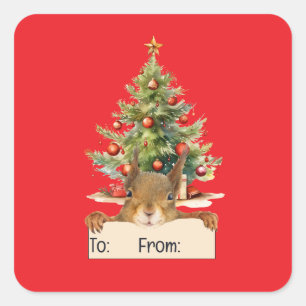 Sticker Carré Joyeux Noël Écureuil Arbre de Noël De À