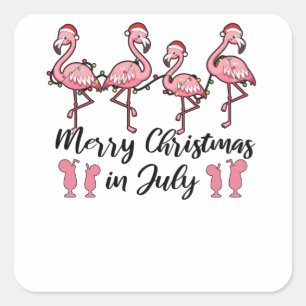 Sticker Carré Joyeux Noël En Juillet Flamant rose Noël Été