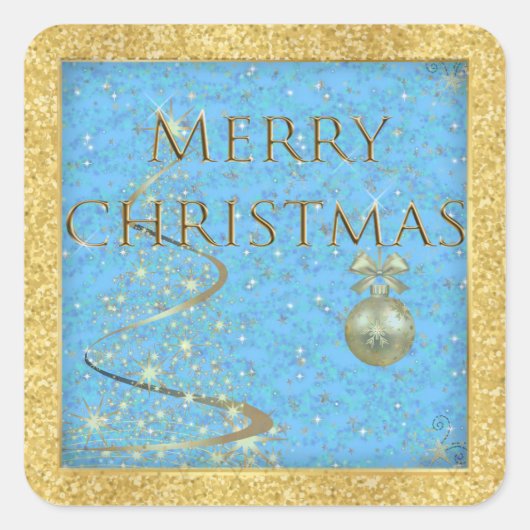 Sticker Carré Joyeux Noël en or et bleu (Devant)