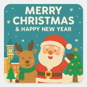 Sticker Carré Joyeux Noël et Bonne Année - Père Noël