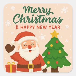Sticker Carré Joyeux Noël et Bonne Année - Père Noël