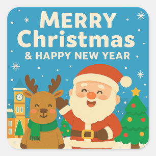 Sticker Carré Joyeux Noël et Bonne Année - Père Noël