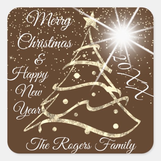 Sticker Carré Joyeux Noël et Joyeux Nouvel An Gold Brown (Devant)