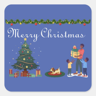 STICKER CARRÉ JOYEUX NOËL FAMILLE AFRO-AMÉRICAINE