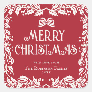 Sticker Carré Joyeux Noël Famille Rouge Blanc Guirlande