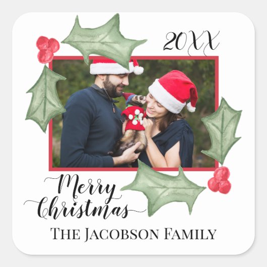 Sticker Carré Joyeux Noël Festif Holly Feuille cadre photo (Devant)