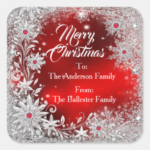 Sticker Carré Joyeux Noël flocons de neige rouges blancs gemmes 