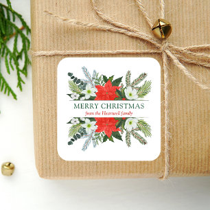 Sticker Carré Joyeux Noël floral aquarelle de verdure hivernale
