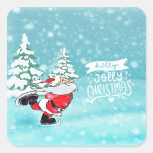 Sticker Carré Joyeux Noël, forêt mignonne du Père Noël