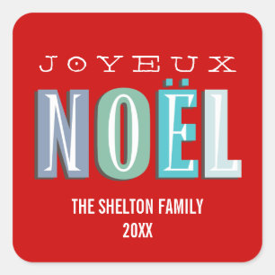 Sticker Carré Joyeux Noel funky bleu rouge chic Noël vacances