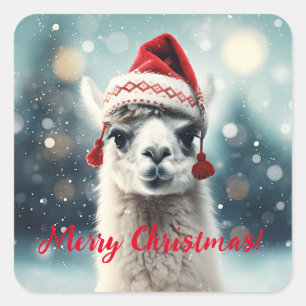 Sticker Carré Joyeux Noël Funky Mignonne Lllama Alpaca Santa Hat